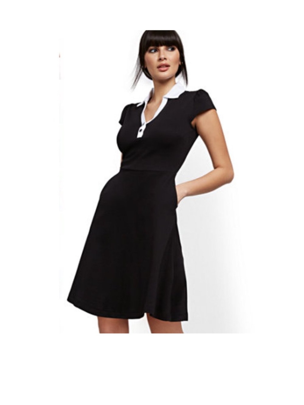New York & Company Black Polo Collar Fit-and-Flare Dress with White Trim Medium